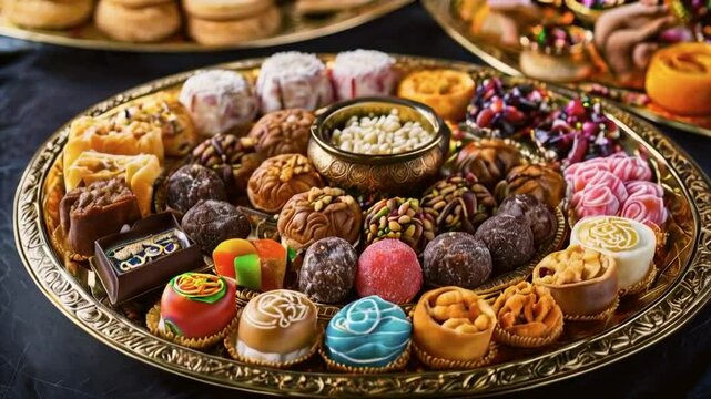 A decorative platter filled with assorted sweets and candies for celebration or sharing.