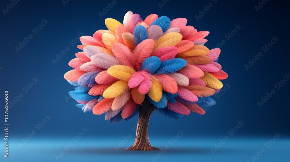 Poster colorful tree made of feathers. the tree is made of many different colored feathers, including blue,
