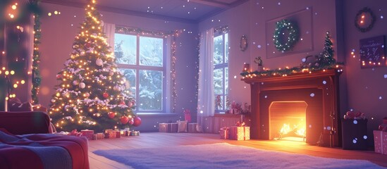 Obraz premium Charming new year room featuring a beautifully decorated tree glowing lights and cozy fireplace ambiance perfect for postcard designs