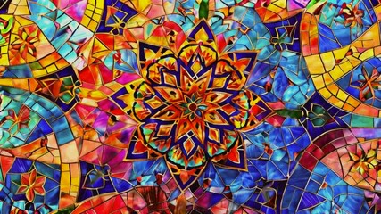 A vibrant stained glass design featuring intricate floral patterns and bright colors. - Powered by Adobe
