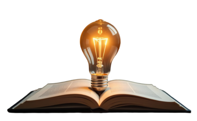 Glowing light bulb above books on white  transprent background symbolizes knowledge and learning Concept Education Knowledge . PNG 