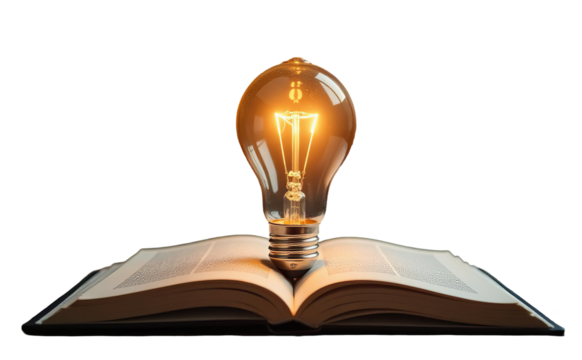 Glowing light bulb above books on white  transprent background symbolizes knowledge and learning Concept Education Knowledge . PNG  - Powered by Adobe