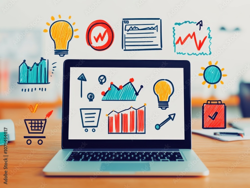 Poster creative workspace with laptop and dynamic graphics