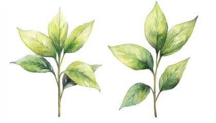 Obraz premium Beautiful watercolor illustration of green leaves, perfect for nature-themed projects and botanical designs.