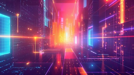 Fototapeta premium Futuristic Digital City with Neon Lights and Data Visualization