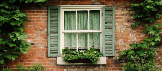 Charming white window adorned with green shades on a rustic brick house evoking nostalgia in an old town setting