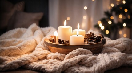 Warm cozy ambiance with candles, pine cones, and knitted blanket in serene setting
