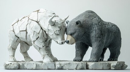 White Bull and Black Bear Sculptures Facing Each Other on Cracked Stone Base