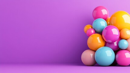 Bunch of colorful balls are piled up on a purple background. The balls are of different colors, including pink, yellow, and blue. Concept of playfulness and creativity