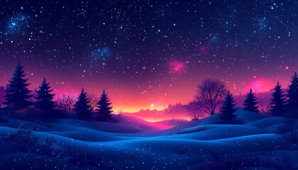 Fototapeta premium A vibrant night landscape featuring starry skies, colorful auroras, and serene silhouettes of trees against a glowing horizon.