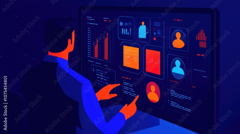 Poster futuristic office setup with data visualization