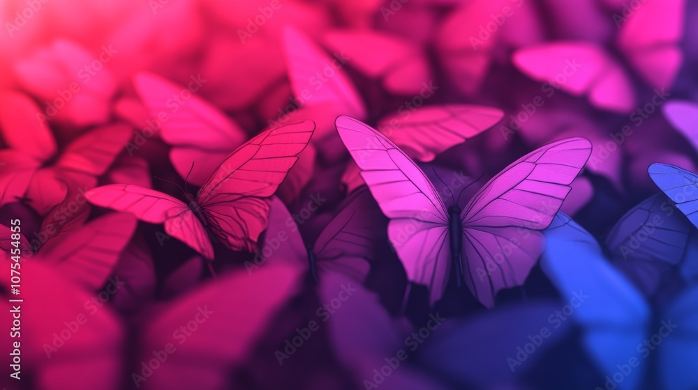 Poster close up of many butterflies in a pink and blue background. the butterflies are all different sizes 