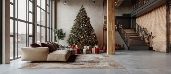 Christmas tree adorned with rustic wooden decorations and colorful presents nestled below in a cozy loft interior