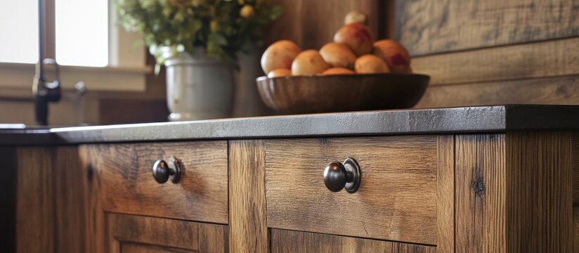 Close up of rustic wooden cabinet doors featuring elegant metallic knobs enhancing the cozy ambiance of a well lit kitchen