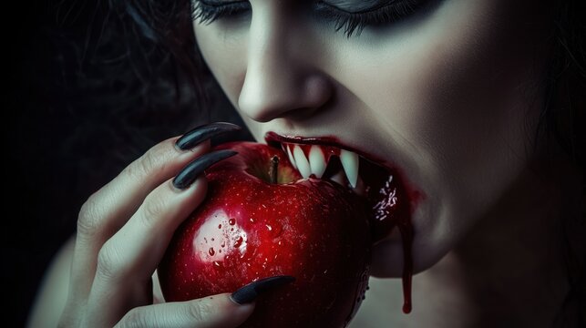 Mysterious vampire woman biting juicy red apple with dark makeup and long black nails