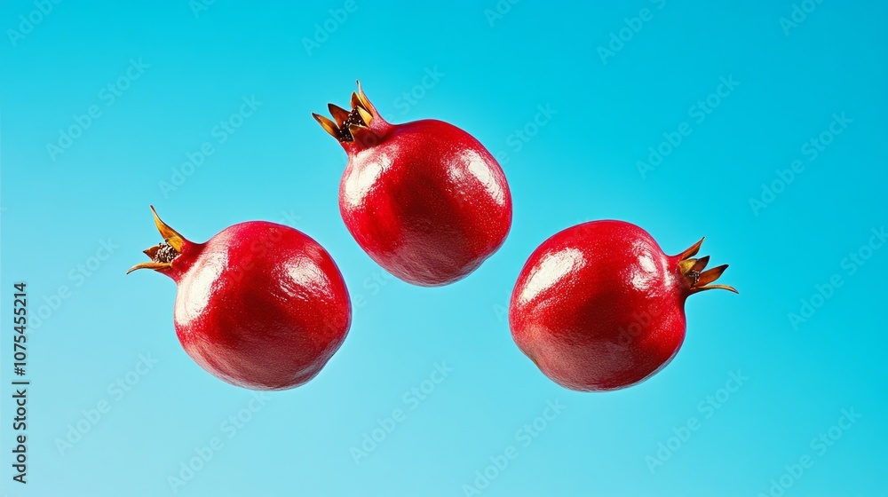 Poster three red pomegranates are floating in the air. the pomegranates are in the middle of the image and 