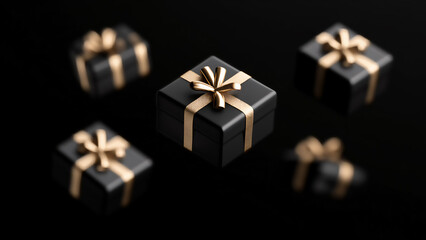 Schwebende Schwarze Geschenkboxen mit Goldener Schleife, elegante und luxuriöse Dekoration für Weihnachten