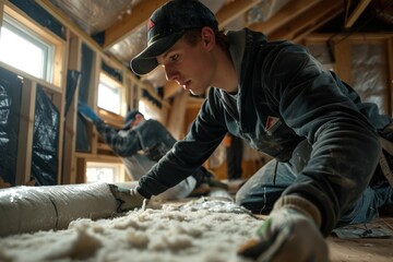 Homeowner Assisting with Rolled Insulation Installation for Efficient Home Renovation Project
