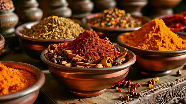 A vibrant display of spices in bowls, showcasing colors and textures for culinary use.