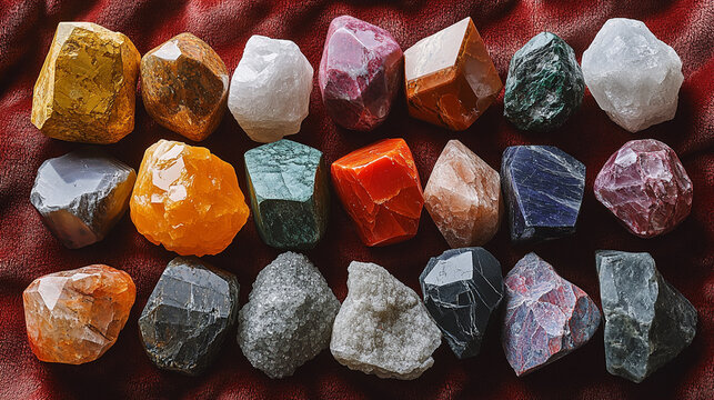 Series of semi-precious gemstones in uncut unpolished state. Citrine, Jasper, Peridote, Chalcedone, Amethyst, Rock Crystal, Olivine, Smokey Quartz and Malachite