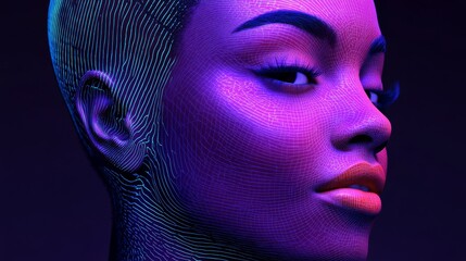 Woman's face is shown in a purple and blue color scheme. The image is a computer-generated rendering of a woman's face, and it is a futuristic or sci-fi style. The woman's features are exaggerated