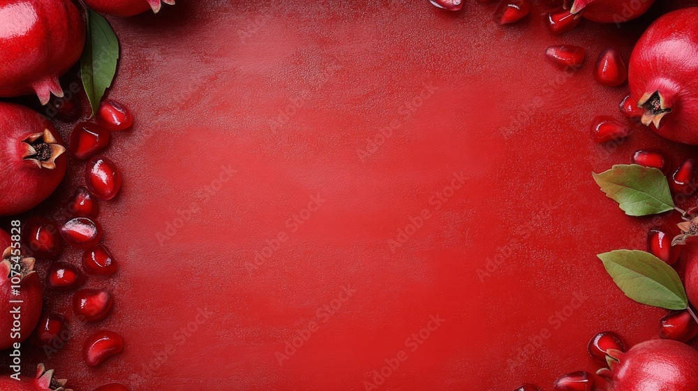 Poster red background with a bunch of red fruit on it. the fruit is arranged in a circle and includes pomeg