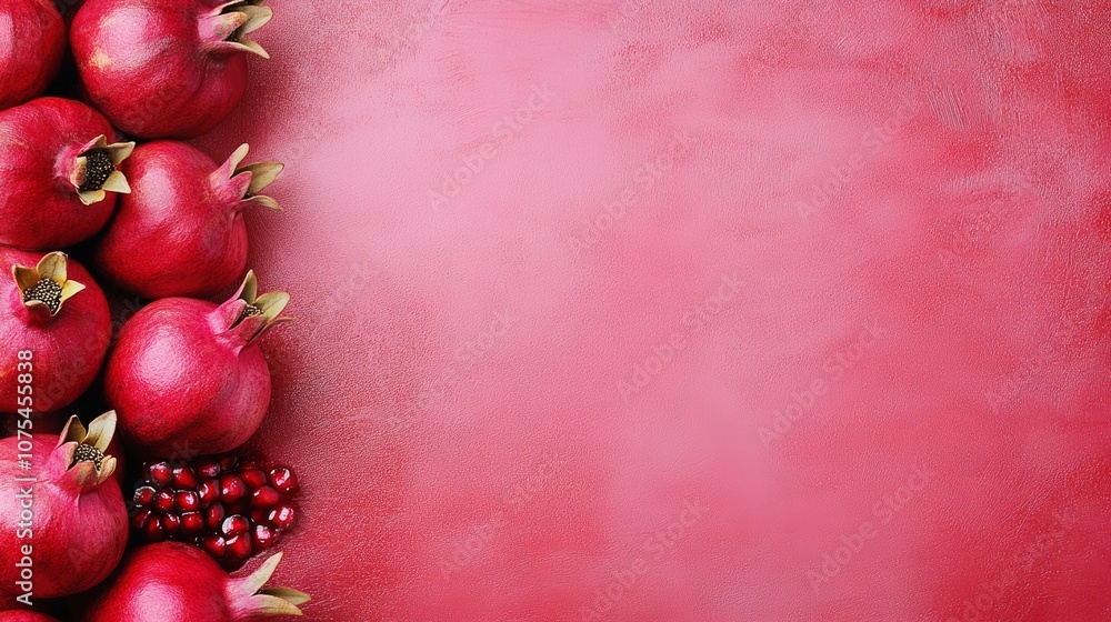 Poster red background with a row of red fruit on it. the fruit is arranged in a way that it looks like a bo