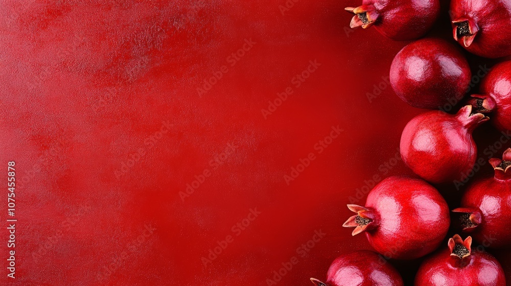 Poster red background with a bunch of red pomegranates. the pomegranates are arranged in a circle and are p