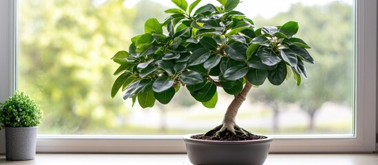 Close up of a green ficus bonsai elegantly positioned against a window perfect for minimalistic urban jungle decor