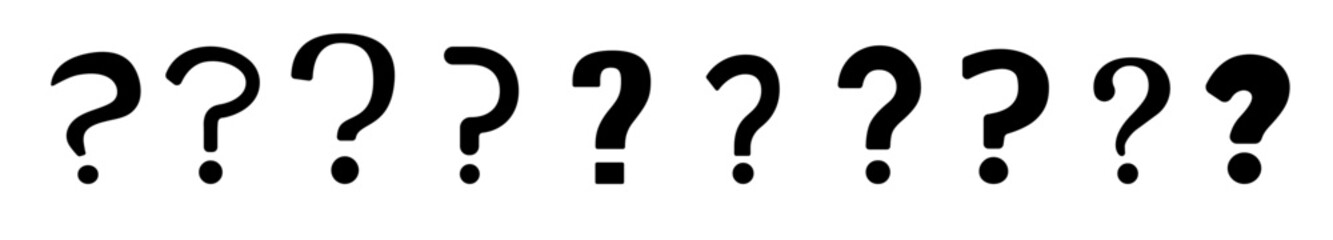 A set of black question mark icons representing mystery, inquiry, and uncertainty. Perfect for highlighting riddles, unsolved problems, and the search for answers in communication.