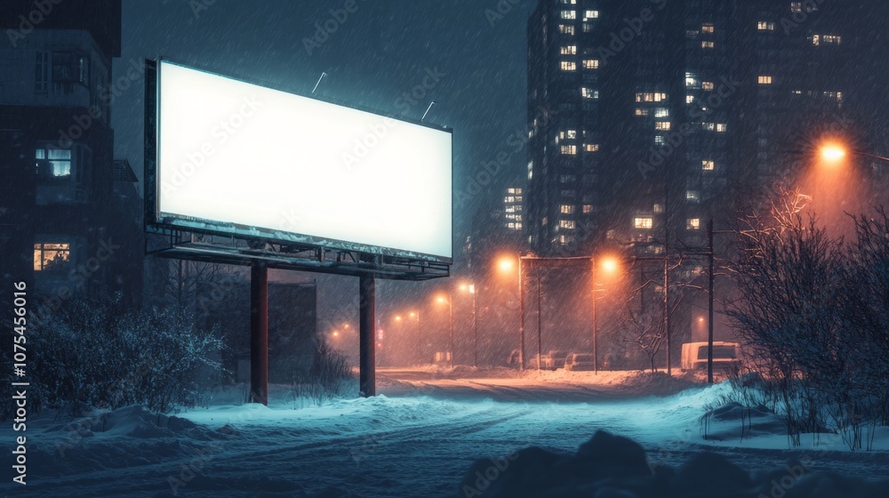 Poster The scene features a large, empty billboard standing beside a snow-covered road. Bright streetlights cast a warm glow on the surrounding buildings, creating a serene nighttime atmosphere.