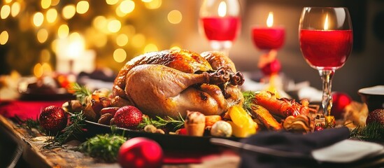 Closeup of succulent roasted chicken served on a large platter with vibrant seasonal vegetables perfect for a family festive dinner