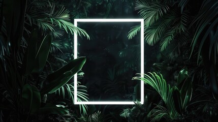 Photo of neon blue light frame with green tropical leaves, dark background