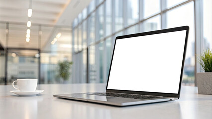 Fototapeta premium Modern workspace with laptop and coffee cup on a table