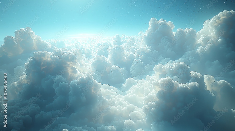 Wall mural a serene view of fluffy clouds illuminated by soft sunlight, evoking tranquility and wonder.