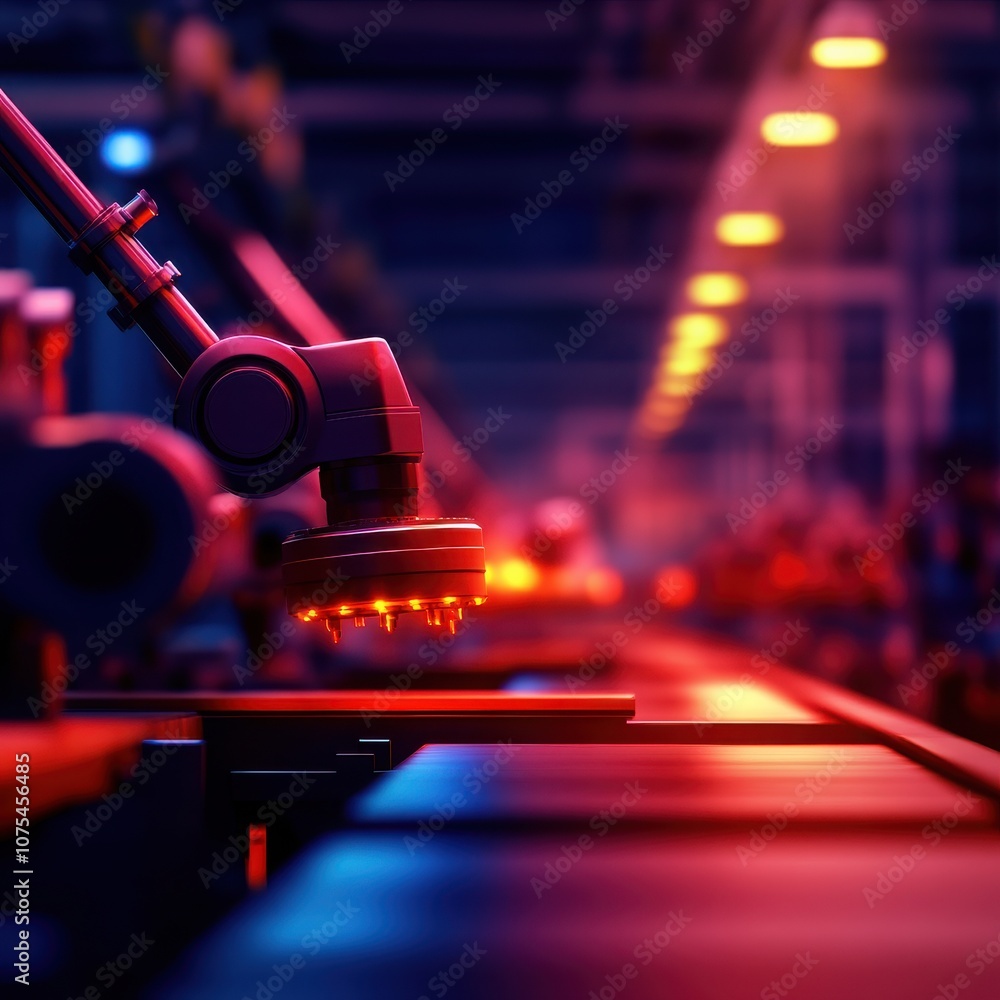 Poster high-tech robotic arm in a factory setting.