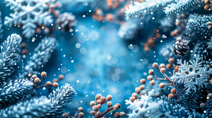 Christmas blue background of ornate frosty frost patterns. Branches of spruce with red berries. Happy New Year and Merry Christmas vintage postcard. Copy space.