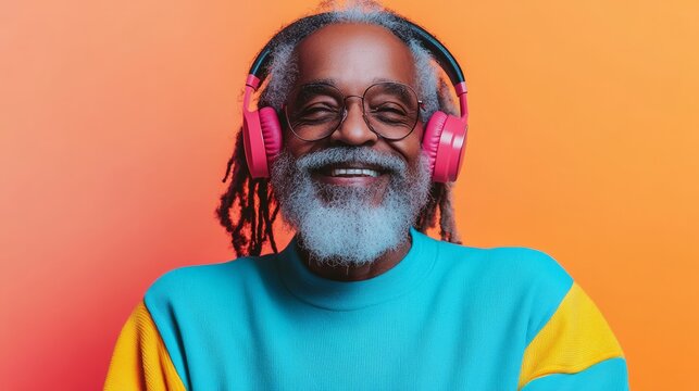Man with a beard and glasses is smiling while wearing headphones. He is wearing a blue and yellow striped shirt