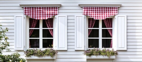 Fototapeta premium Charming pair of white windows adorned with red checkered curtains enhancing home decor elegance