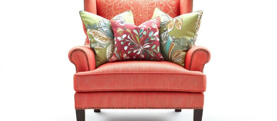 Colorful chair adorned with various decorative pillows inviting design space for personalization