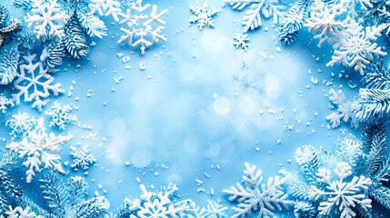 Christmas blue background of ornate frosty frost patterns. Branches of spruce with snowflakes. Happy New Year and Merry Christmas vintage postcard. Copy space.