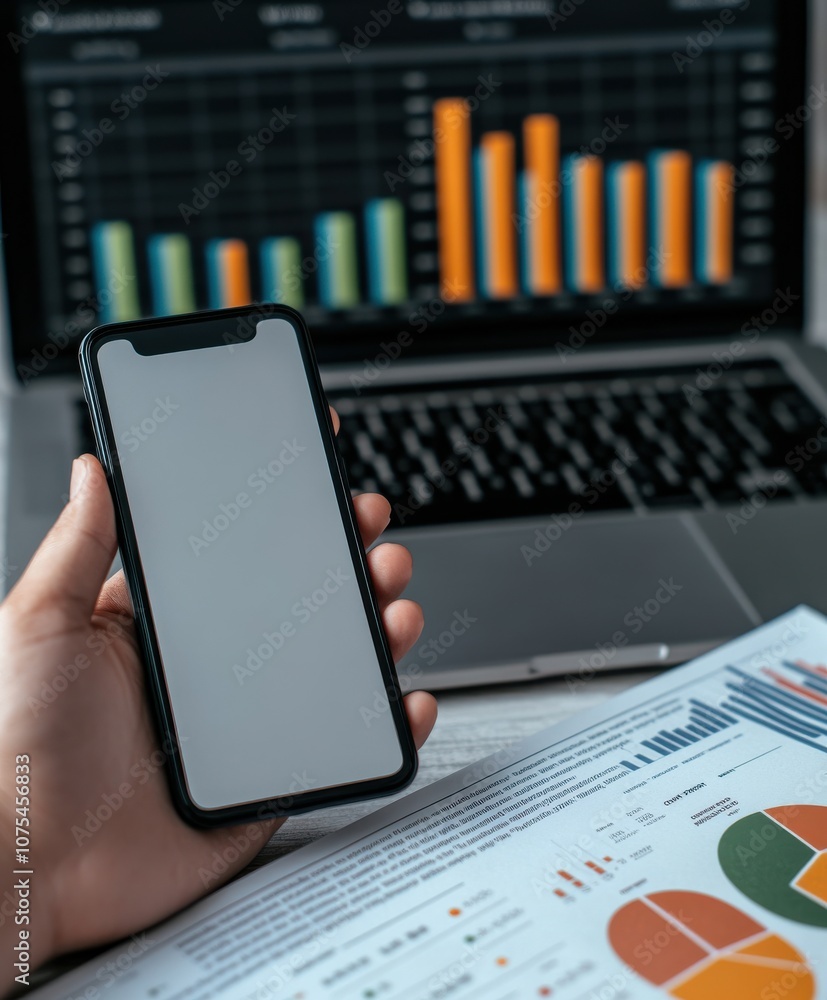 Poster hand holding smartphone with data charts in background