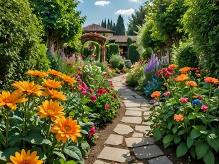 wallpaper representing a fantastic garden, magnificently flowered, the overall view is very harmonious and depicts the beauty of nature.