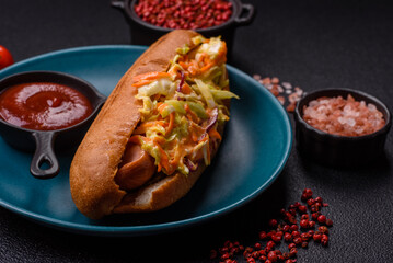 Hotdog with grilled sausage with cabbage, carrots and onions