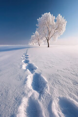 A valley with trees covered in crystal white snow