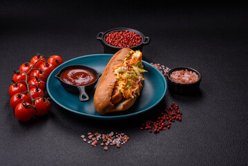 Hotdog with grilled sausage with cabbage, carrots and onions