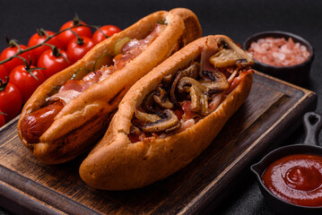 Hotdog with grilled sausage with bacon and mushrooms