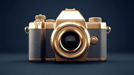 Gold camera with a blue strap. The camera is shiny and looks like it is from a different era