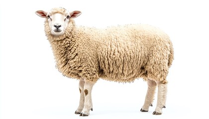 Fototapeta premium A fluffy sheep with a soft coat, standing proudly against a white background, perfect for agriculture and nature themes.