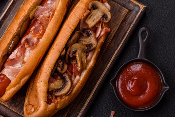 Hotdog with grilled sausage with bacon and mushrooms